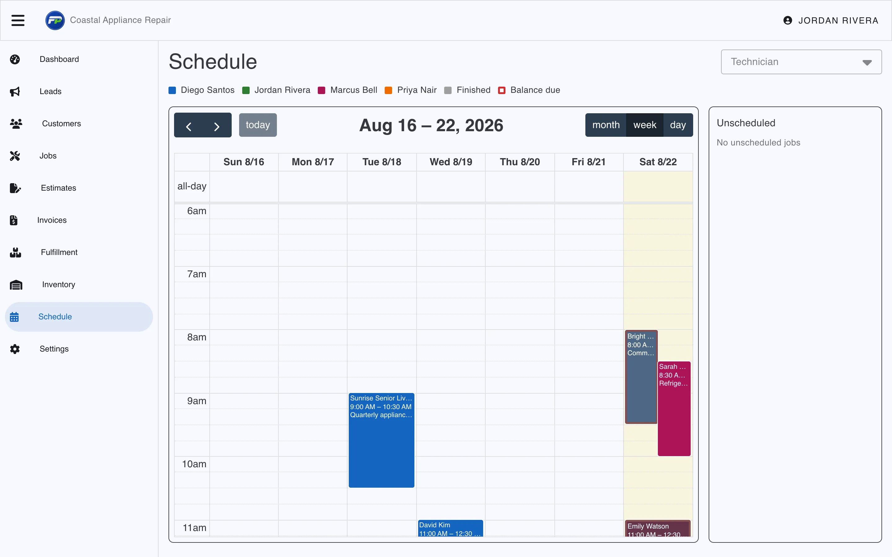 The Fellow Pros dispatch calendar showing a week of appointments colour-coded by technician.
