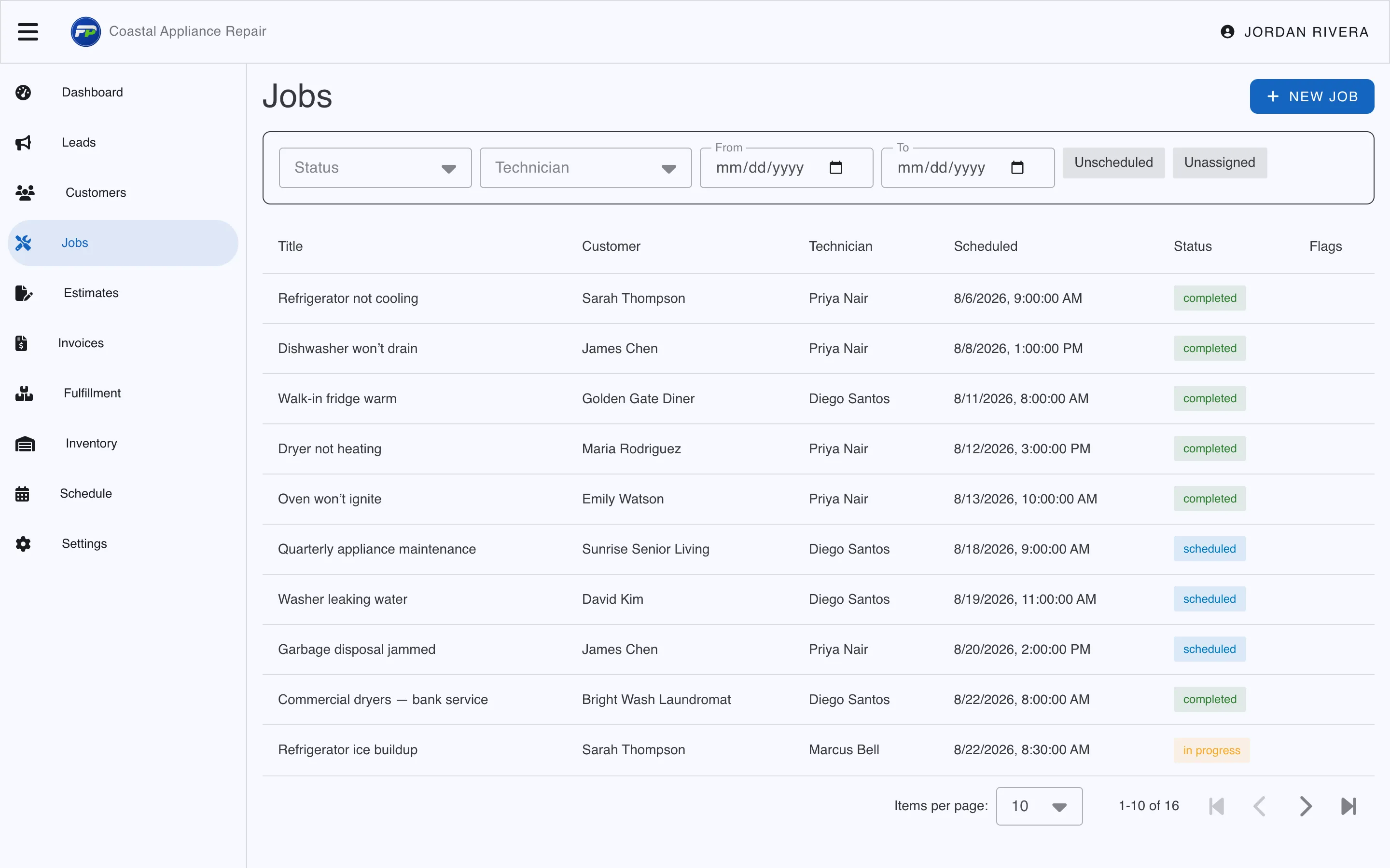 The Fellow Pros jobs list, showing each job’s customer, appliance problem, assigned technician, and status.