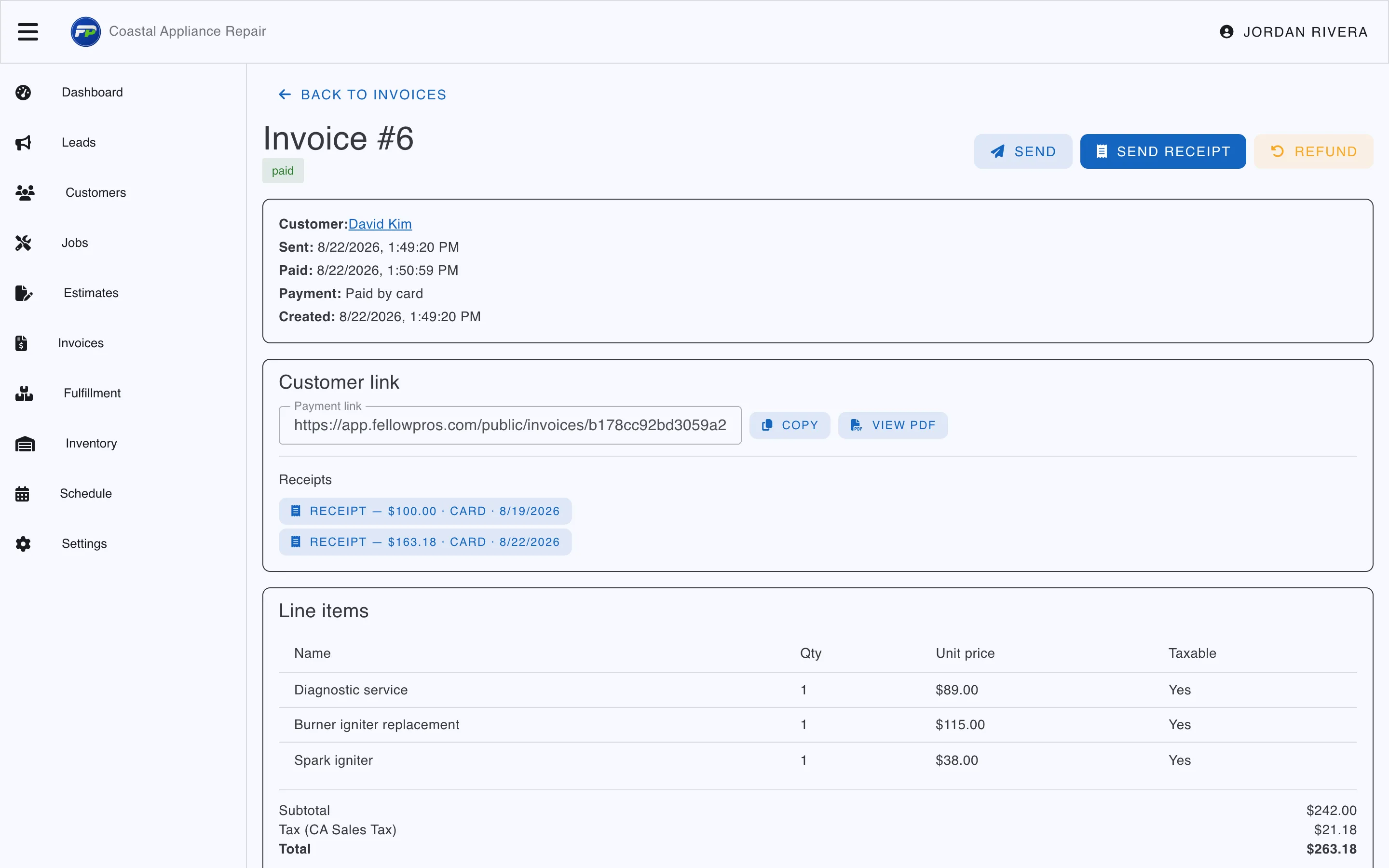A paid invoice in Fellow Pros showing the line items, the payment recorded against it, and the receipt.