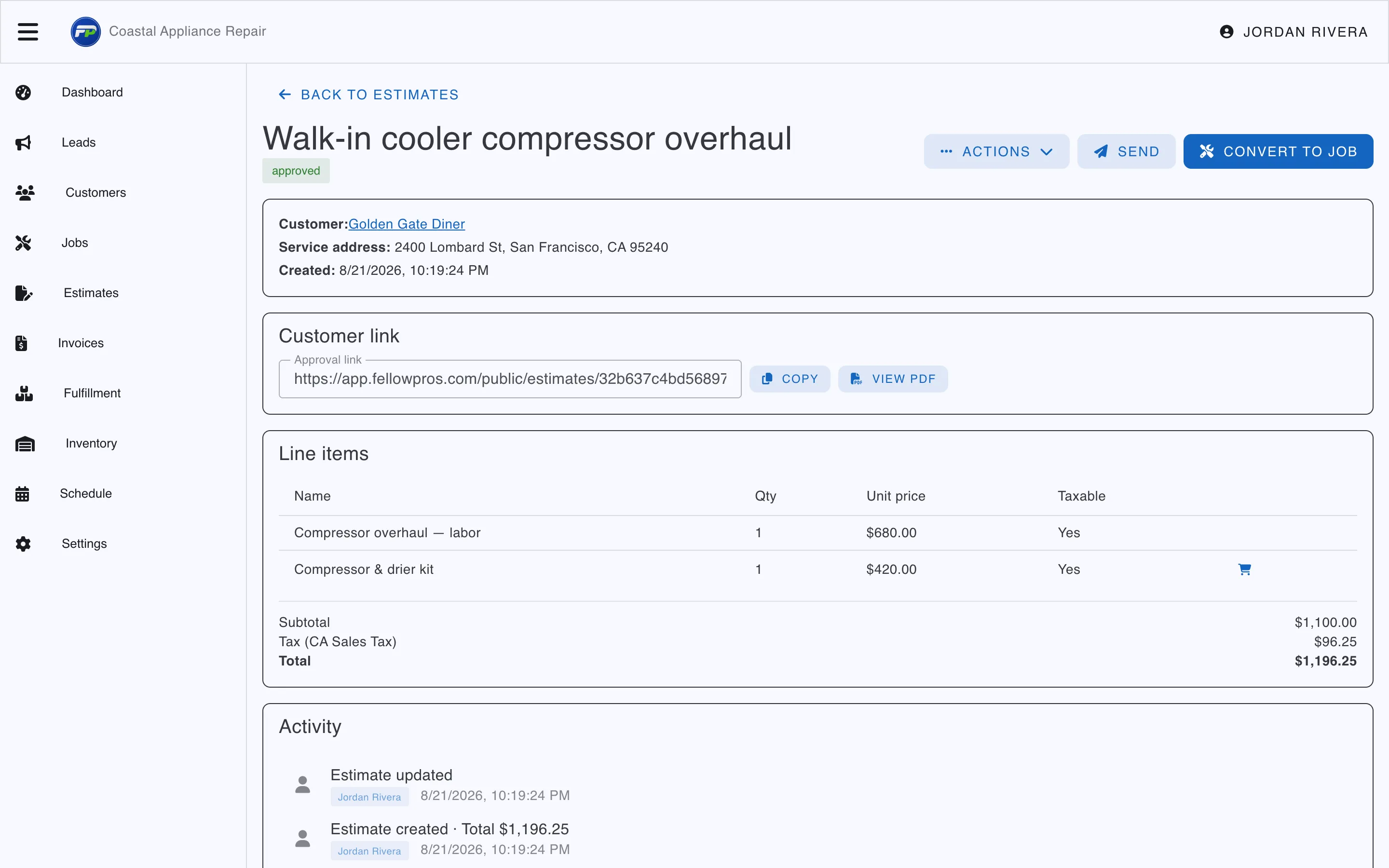 A Fellow Pros estimate with itemized labor and parts, totals, and buttons to send it to the customer for online approval.