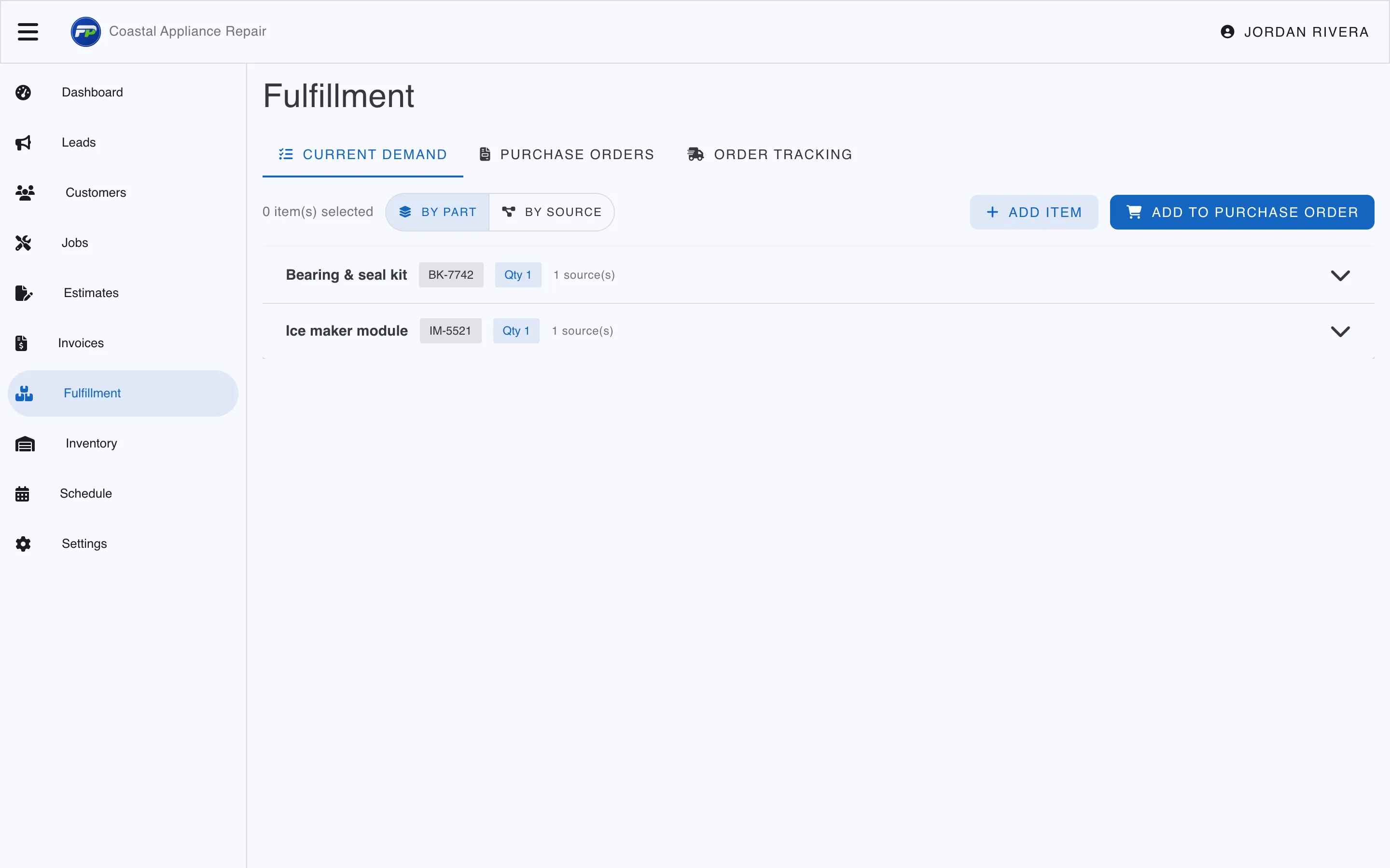 The Fellow Pros fulfillment screen showing outstanding parts demand aggregated by part number, with a button to add them to a purchase order.
