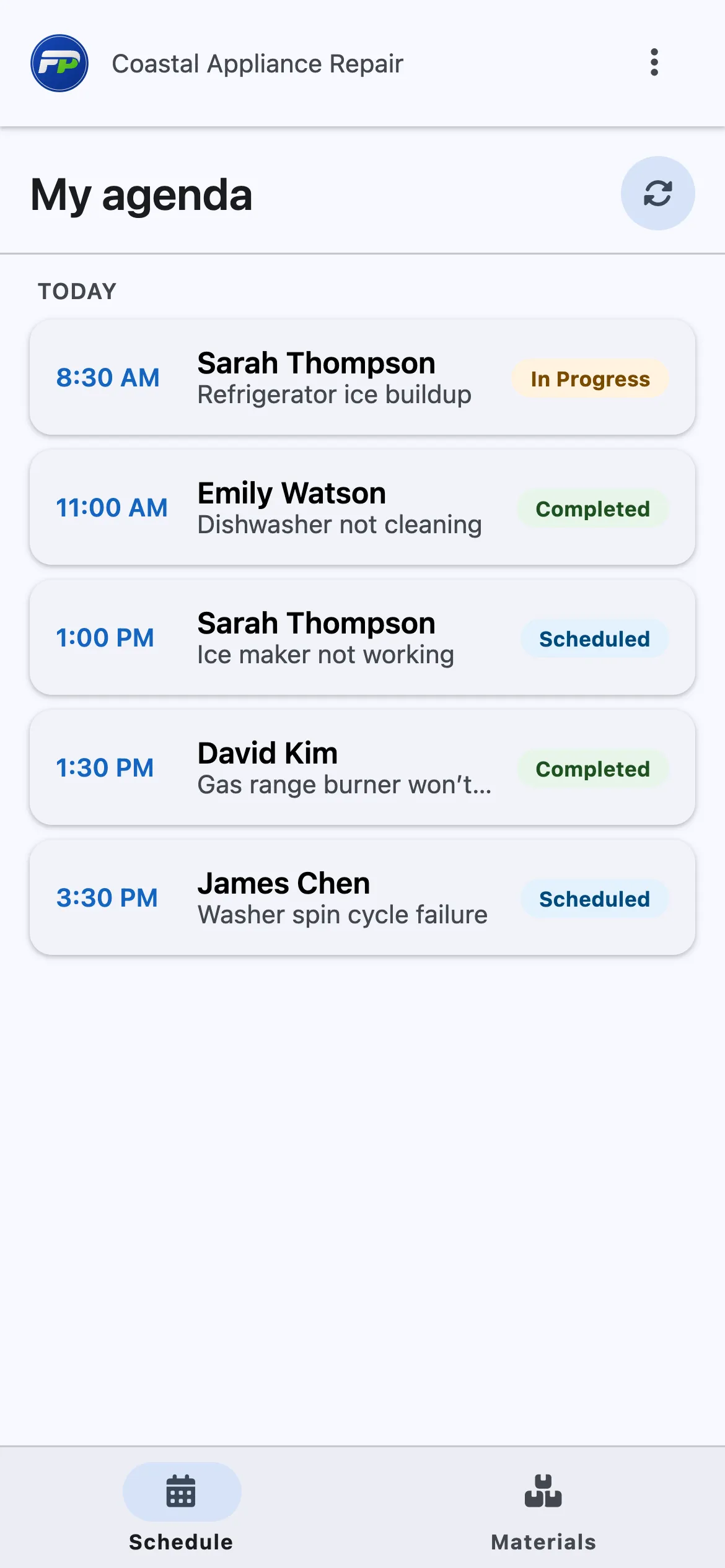The Fellow Pros field-tech mobile app showing a technician’s agenda for the day, with each job’s time, customer, appliance problem, and status.