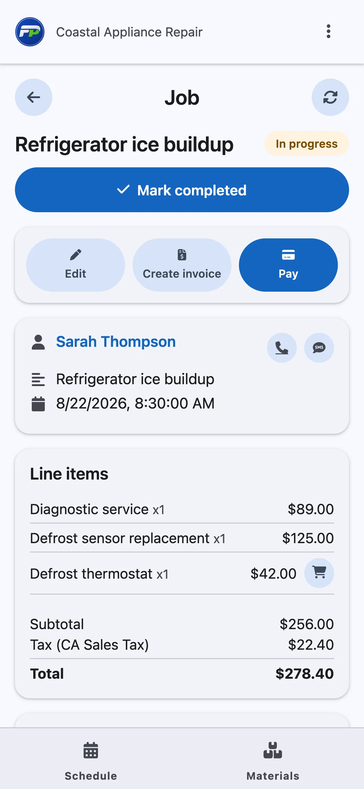 An in-progress job in the Fellow Pros field app, with line-item totals and actions to mark it complete, invoice it, or take payment.